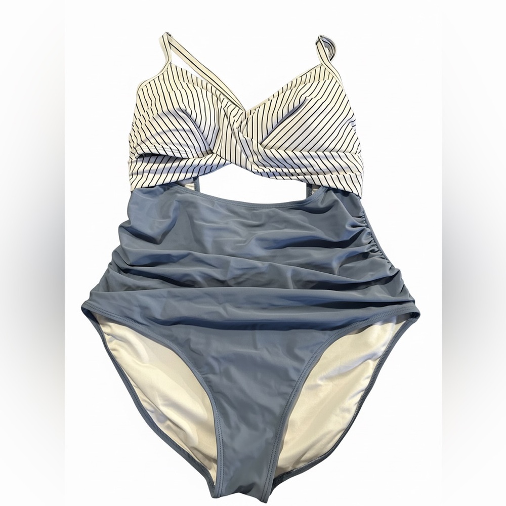 Striped-Top One-Piece Swimsuit in Black / White Twist Top and Blue Ruched Bottom